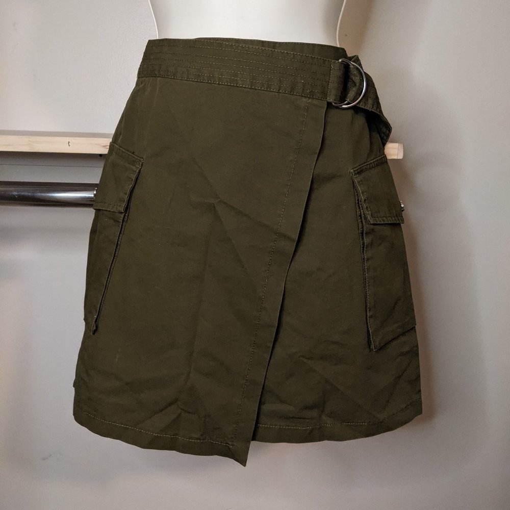 H&M Olive Green Utilitarian Cotton Wraparound Skirt with Cargo Pockets